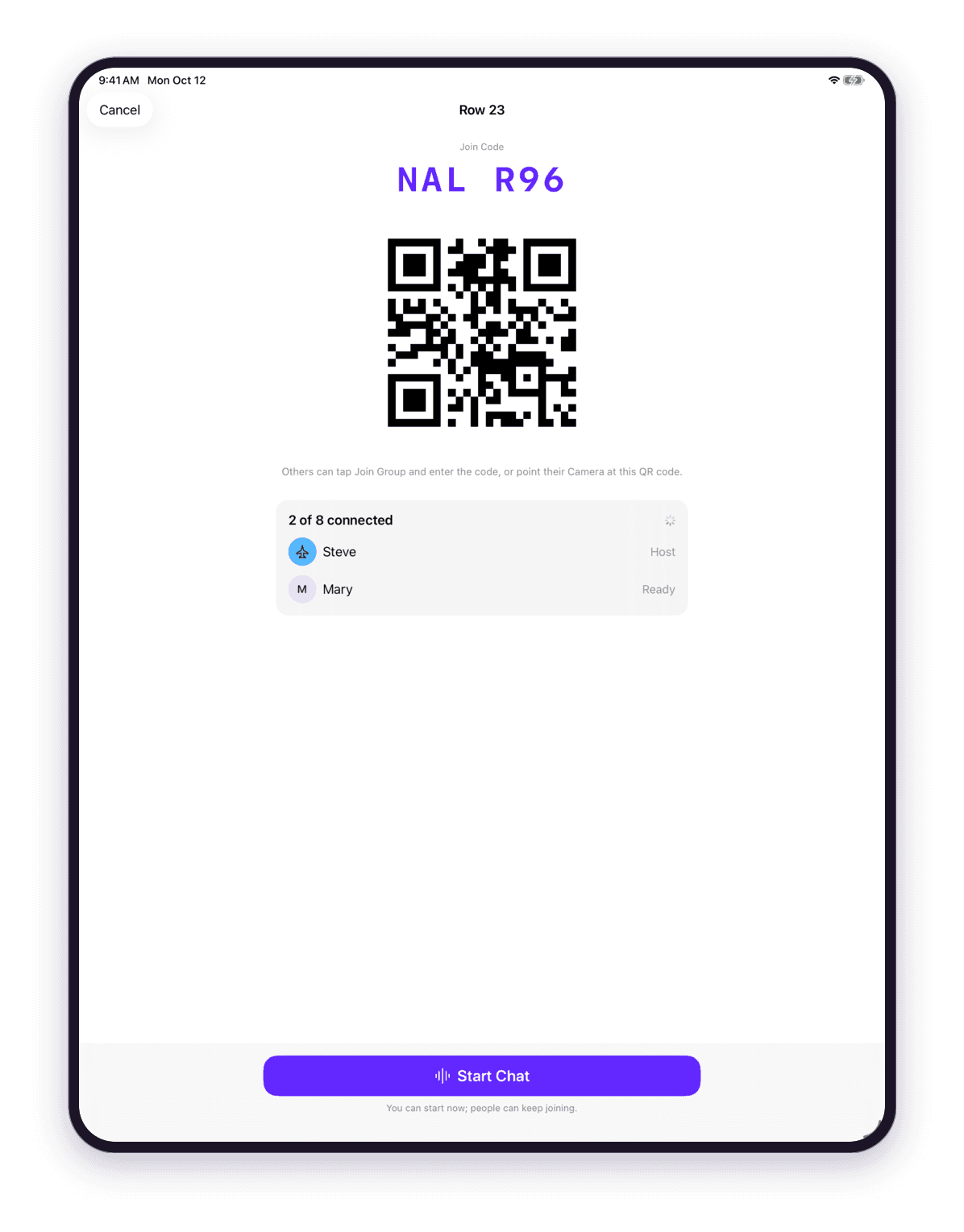 On iPad: Create Group lobby titled Row 23 with a six-character join code, a QR code, a roster reading 2 of 8 connected with Steve as host and Mary ready, and a Start Chat button.