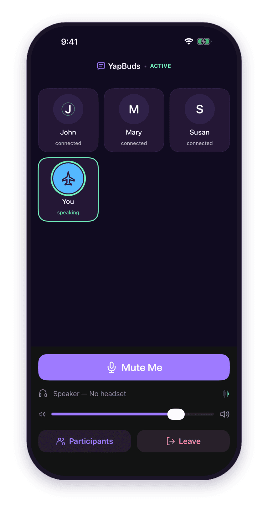 YapBuds live chat on an iPhone, dark appearance: the header reads YapBuds ACTIVE, four participant tiles for John, Mary, Susan and You, with the speaking tile highlighted in mint, and a Mute Me button.