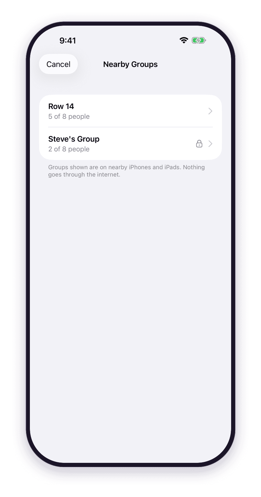 Join Group screen listing nearby groups: Row 14 with 5 of 8 people and Steve's Group with 2 of 8 and a lock icon. The footer reads Groups shown are on nearby iPhones and iPads. Nothing goes through the internet.