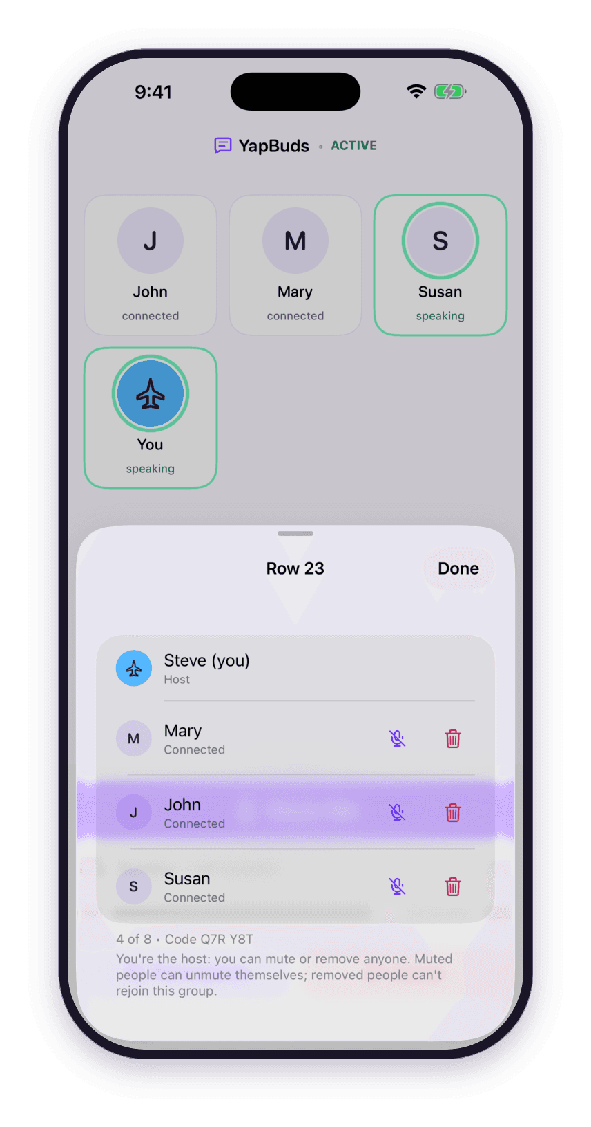 Participants sheet during a chat, host view: Steve marked you and Host, then Mary, John and Susan each with mute and remove buttons. The footer explains that muted people can unmute themselves and removed people can't rejoin this group.